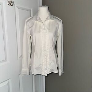 Vintage Lafayette 148 New York Tuxedo Pleated White Button-Up Blouse Size 8